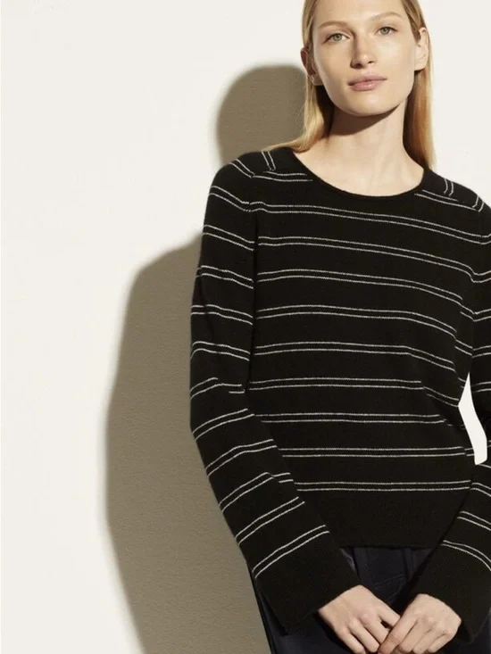 Vince Black Crewneck Sweater with White Stripes - Picture 1 of 7